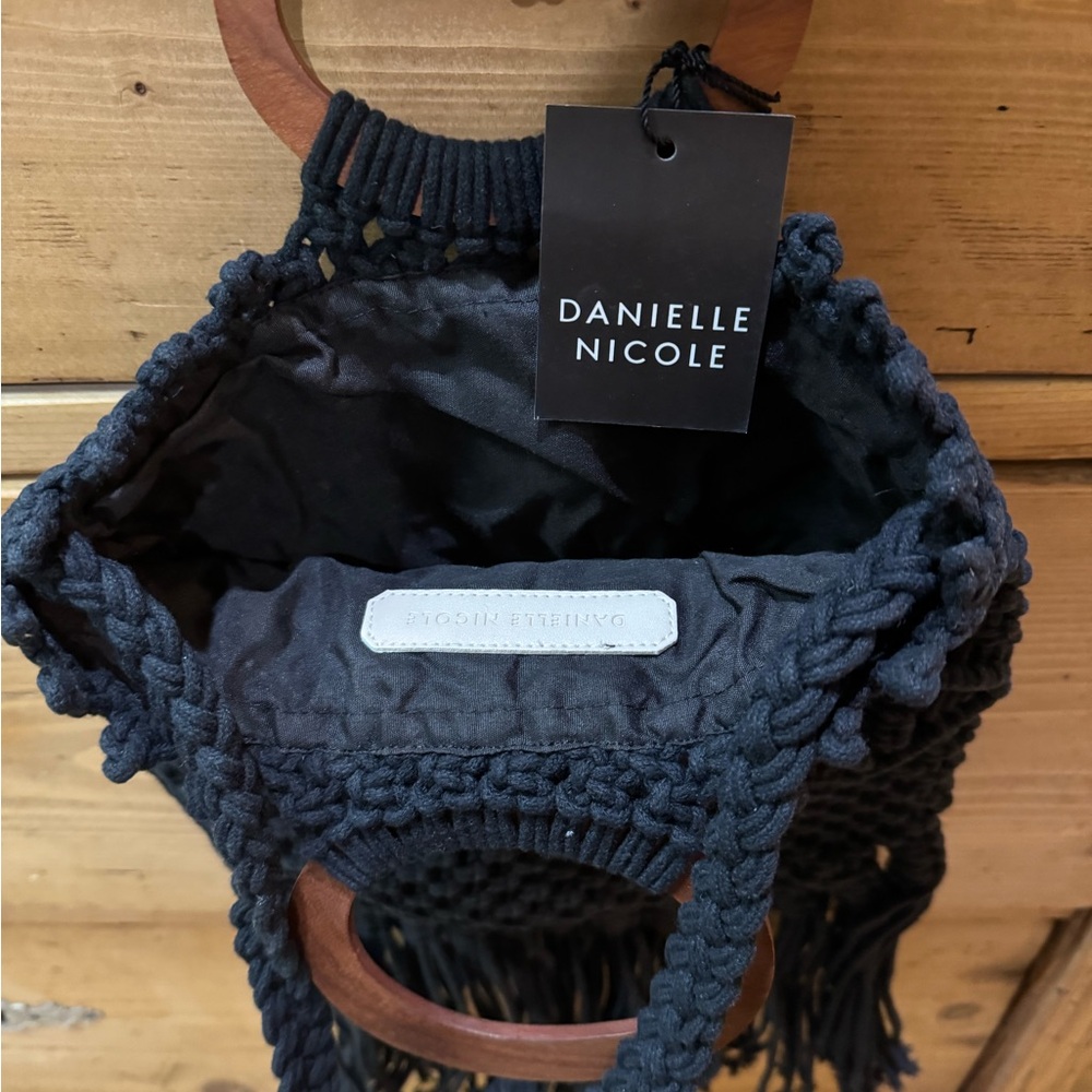 Danielle Nicole Black Macramé Fringe Tote with Wooden Handles - Picture 2 of 2